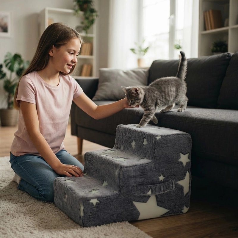 Escalier pour chat étoile chaton descend canapé avec aide fille 