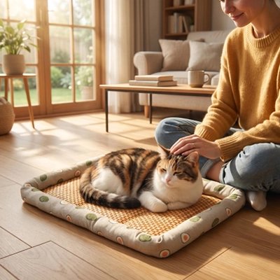 femme assise devant Tapis rafraichissant Chat et caresse chat couché
