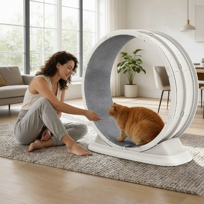 Femme assise près roue  pour chat blanche