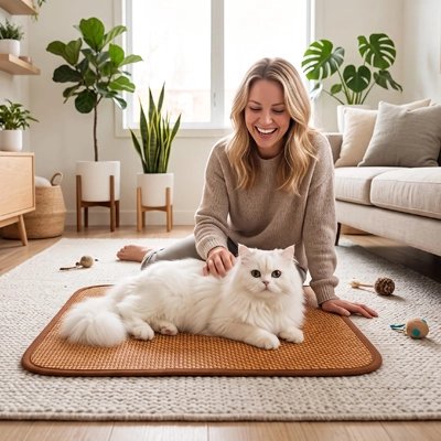 femme assise près Tapis rafraichissant Chat et caresse chat angora 
