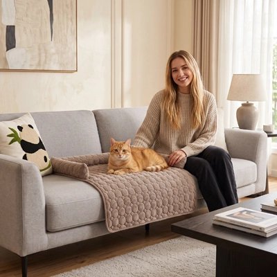 femme assise sur canapé chat sur Protection canapé Chat beige