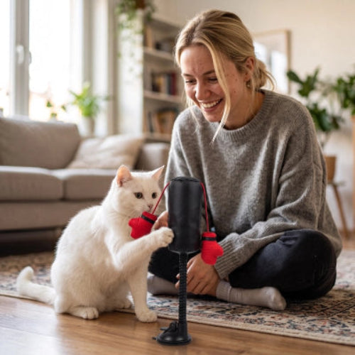  femme avec chat jouent Jouet Chat sac et gants boxe