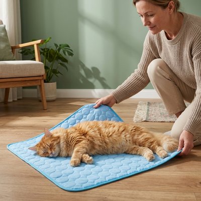 femme  bouge Tapis rafraichissant Chat avec chat roux dort dessus