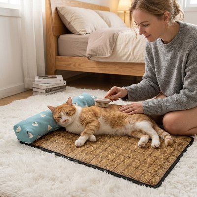 femme brosse chat couché Tapis rafraichissant Chat dans chambre 