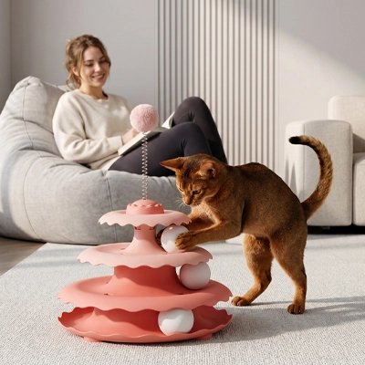 femme regarde chat joue avec Jouet pour Chat rose