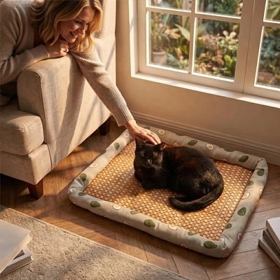 femme caresse chat sur Tapis rafraichissant Chat devant fenêtre