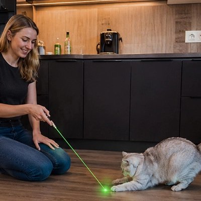 femme dans cuisine avec Laser pour chat et son chat
