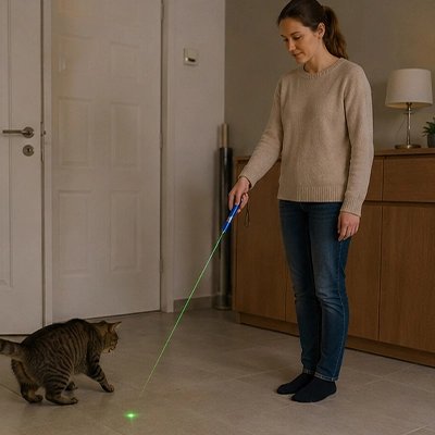 femme debout utilise Laser pour chat avec son chat