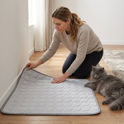 femme et chat installent Tapis rafraichissant Chat gris contre mur 