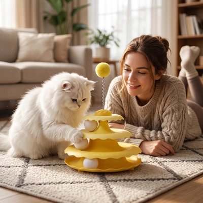 femme et chat jouent avec Jouet pour Chat jaune 