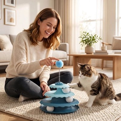 femme et chat jouent Jouet pour Chat bleu