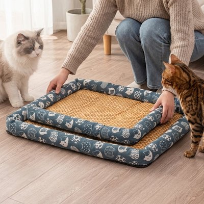 femme et chats pose 2 Tapis rafraichissant Chat taille différente 