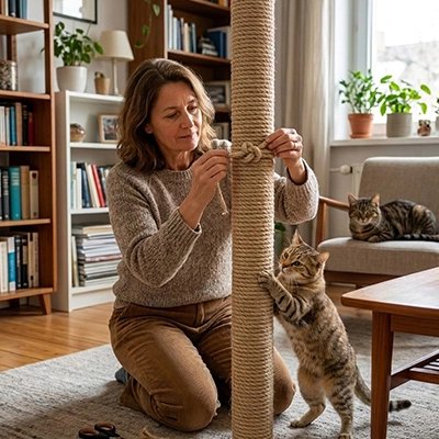 femme installe Corde arbre a chat avec chats dans salon