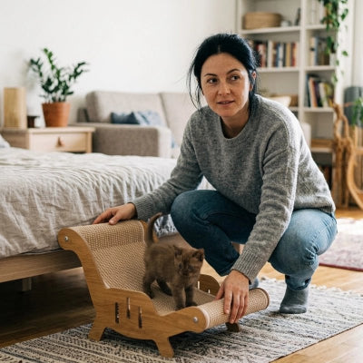 femme installe Griffoir Chat et chaton devant lit dans chambre