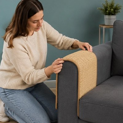 femme installe Protection canapé Chat sur l'accoudoir