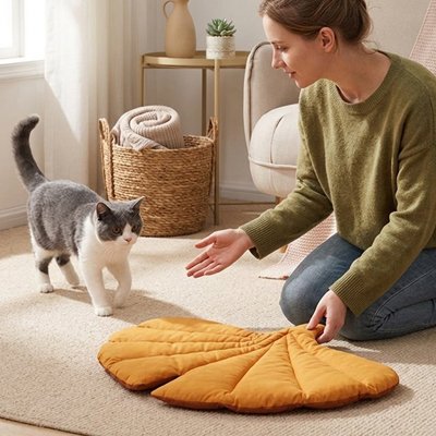 Femme invite chat sur Tapis Chat feuille moutarde dans salon