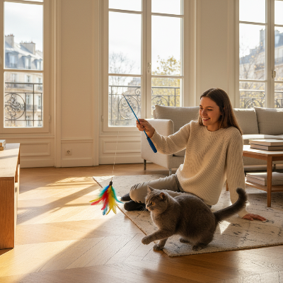 Femme jouant avec chat gris à Paris
