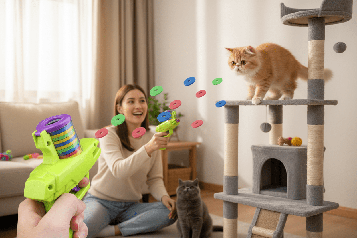 Jouet pour chat interactif pistolet et jetons| ChasseFun - Chatjoue
