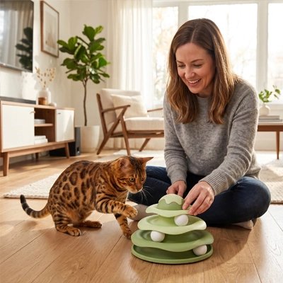 femme monte Jouet pour Chat et chat regarde dans salon