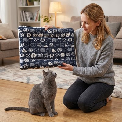  femme montrant le Tapis Chat à son félin
