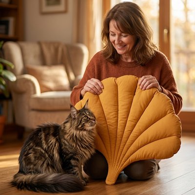 femme montrant Tapis Chat feuille moutarde à Maine Coon