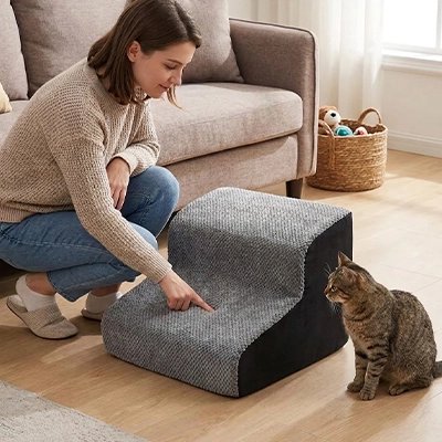 femme montre Escalier pour chat a chat dans salon