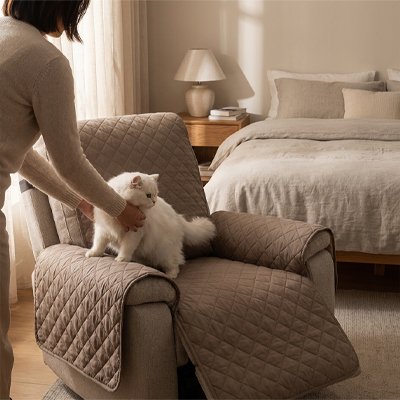 femme pose chat Protection canapé Chat kaki dans chambre