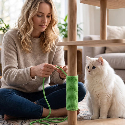 femme pose Corde arbre a chat verte chat la regarde