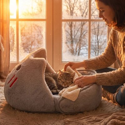 femme sur lit avec Panier Chat borde chat qui dort