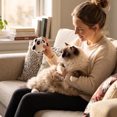 femme tient Jouet pour Chat panda le chat sur genoux 
