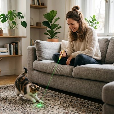 femme utilise Laser pour chat fait jouer son chat