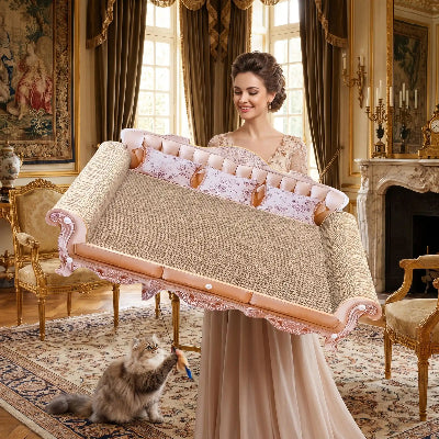 Femme porte canapé pour chat dans salon baroque