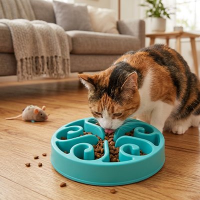 Gamelle anti glouton Chat de couleur bleu pâle 