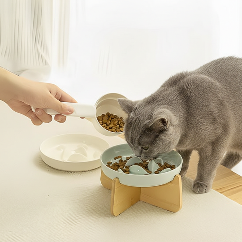 Gamelle anti-glouton pastel vert avec British Shorthair