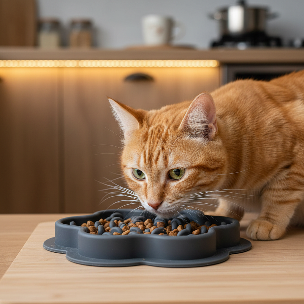 Gamelle grise avec chat en cuisine