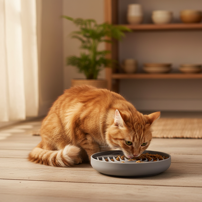 Gamelle grise avec chat en cuisine