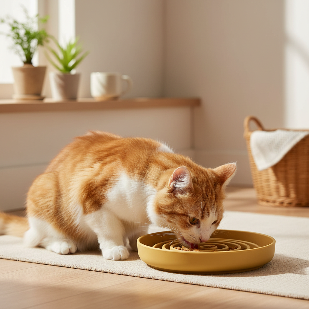 Gamelle jaune avec chat en cuisine