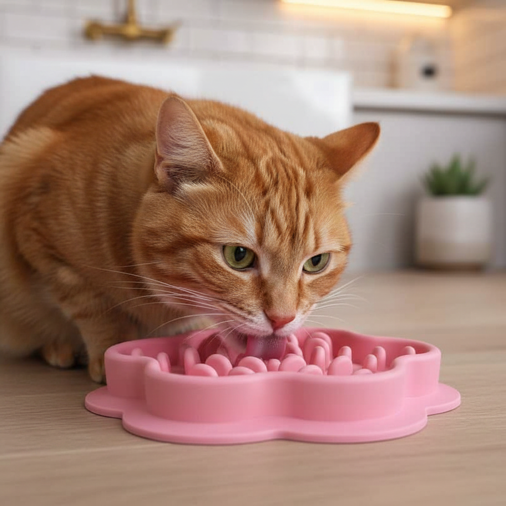Gamelle rose avec chat en cuisine