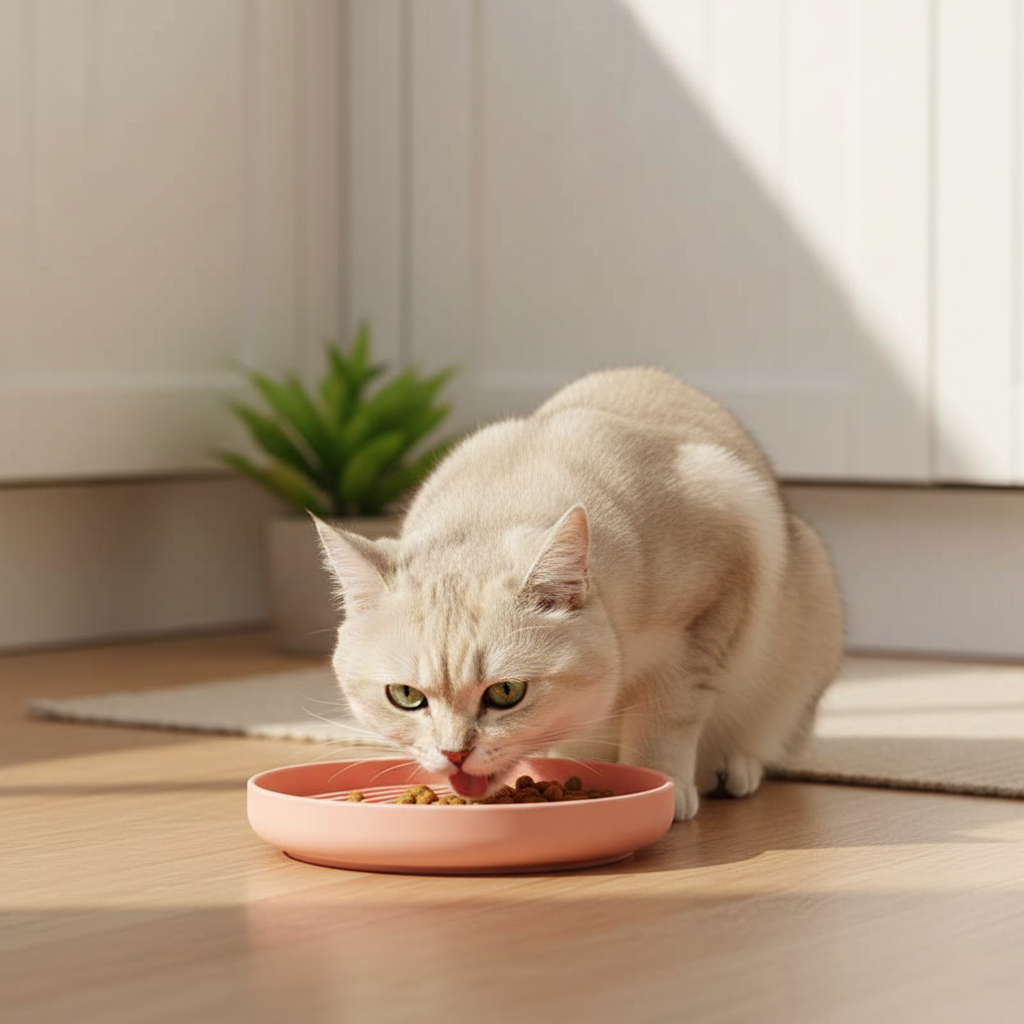 Gamelle rose avec chat en cuisine