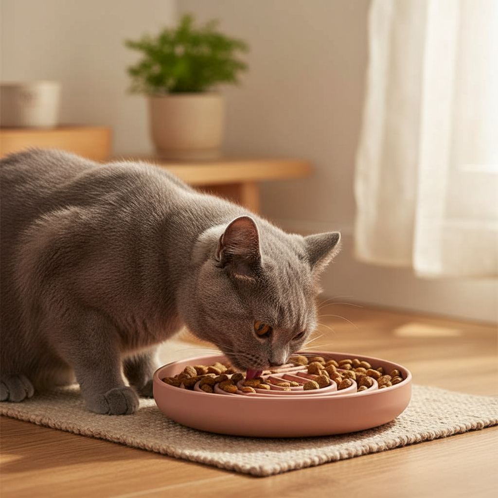 Gamelle rose foncé avec chat en cuisine