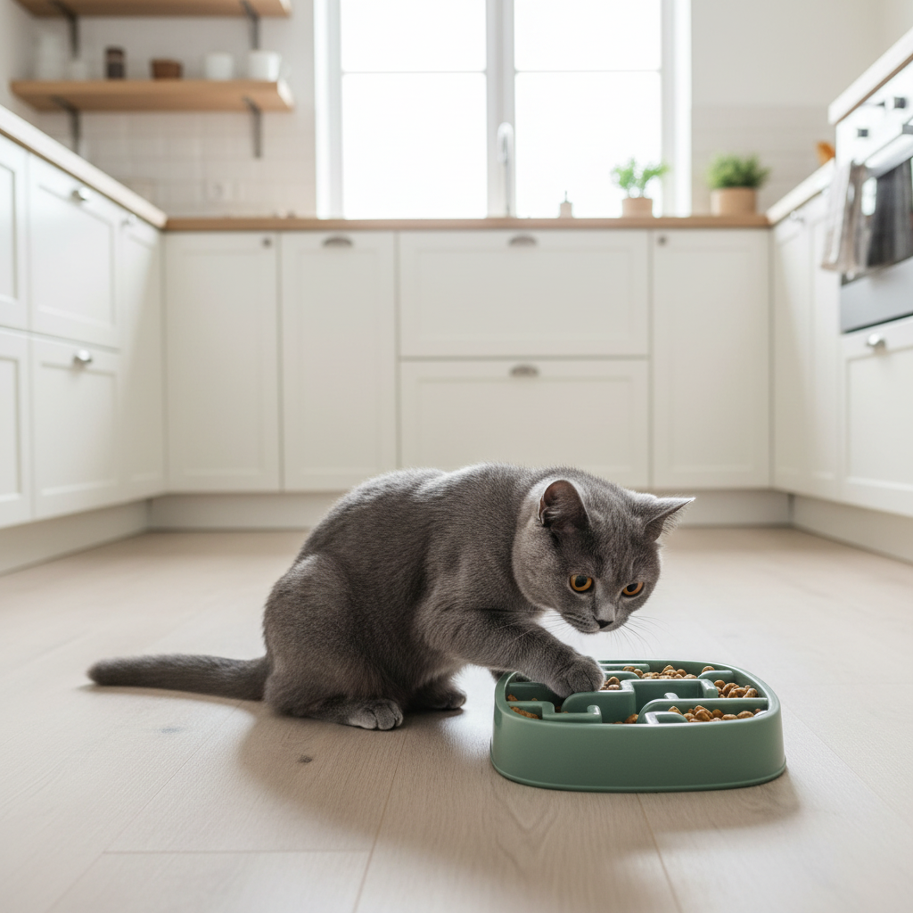Gamelle vert sauge avec British Shorthair