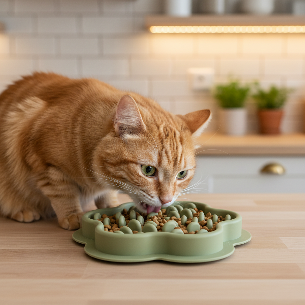 Gamelle verte avec chat en cuisine