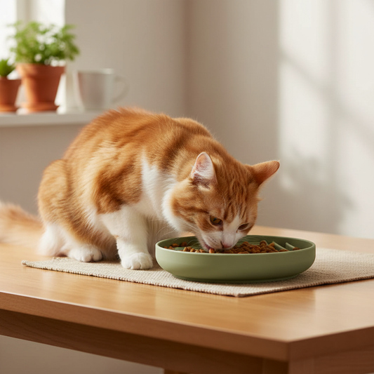 Gamelle verte avec chat en cuisine