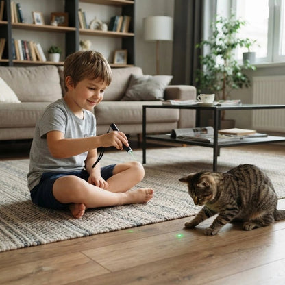 garçon utilise Laser pour chat vert pour jouer avec chat