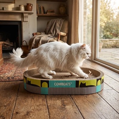Griffoir Chat devant baie vitrée chat blanc fait ses griffes
