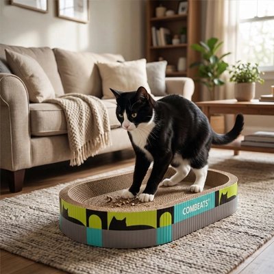 Griffoir Chat devant canapé griffé par chat noir blanc 