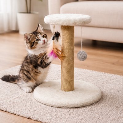 Griffoir Chat il possède un pompon et des plumes
