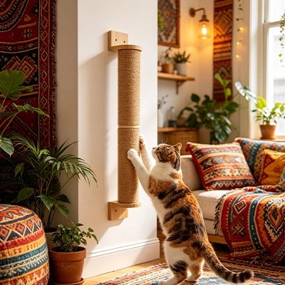 Griffoir Chat posé au mur et chat fait ses griffes