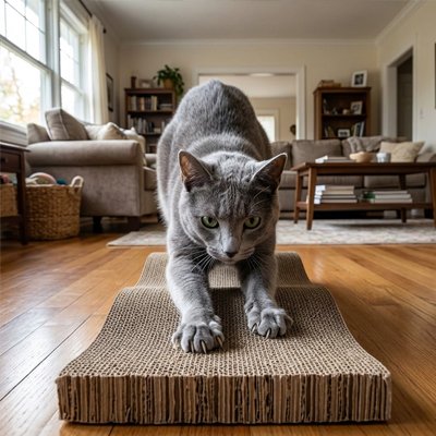 griffoir en carton pour Chat discret dans la salle à manger