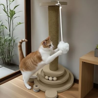 Griffoir pour chat pompons et boules intégrés        